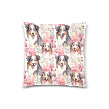 Watercolor Flower Garden Australian Shepherds Throw Pillow Cover-Cushion Cover-Australian Shepherd, Home Decor, Pillows-White1-ONESIZE-1