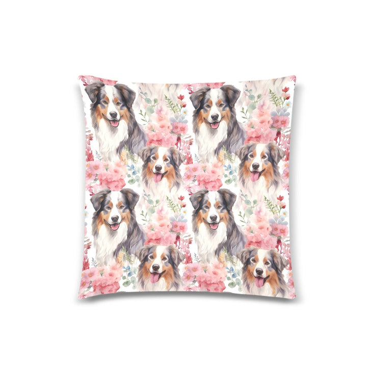 Watercolor Flower Garden Australian Shepherds Throw Pillow Cover-Cushion Cover-Australian Shepherd, Home Decor, Pillows-White1-ONESIZE-1