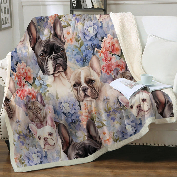 Watercolor Flower Garden French Bulldogs Soft Warm Fleece Blanket-Blanket-Blankets, French Bulldog, Home Decor-Small-1