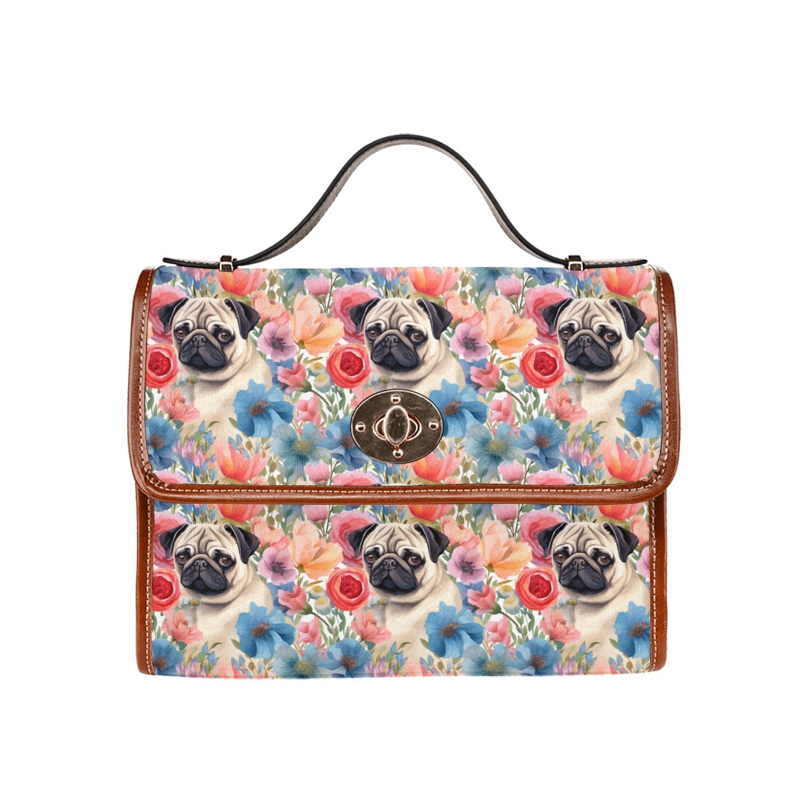 Watercolor Flower Garden Pug Shoulder Bag Purse One Size