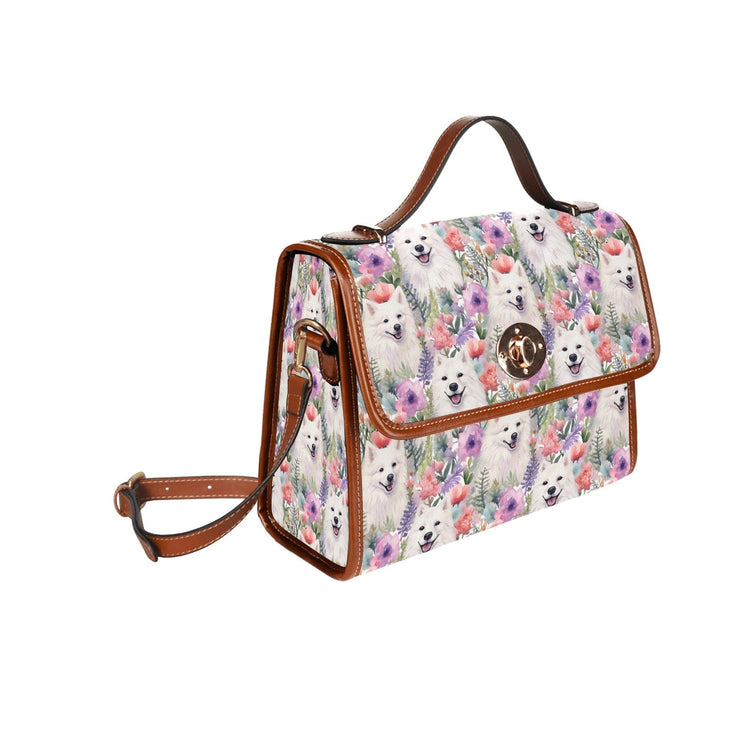 Watercolor Flower Garden Samoyeds Waterproof Shoulder Bag-Accessories-Accessories, Bags, Samoyed-Black-ONE SIZE-2