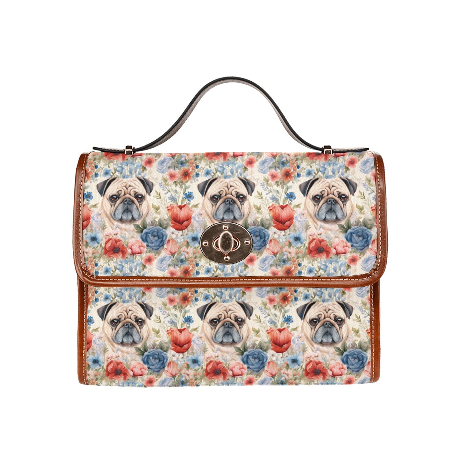 Watercolor Flower Garden Senior Pug Love Shoulder Bag Purse One Size