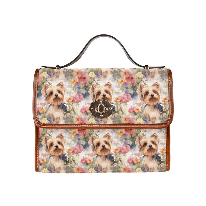Watercolor Flower Garden Yorkie Waterproof Shoulder Bag-Accessories-Accessories, Bags, Yorkshire Terrier-Black-ONE SIZE-1