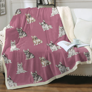 Watercolor French Bulldog Puppies Sherpa Fleece Blanket - 8 Colors-Blanket-Bedding, Blankets, French Bulldog, Home Decor-Dusty Pink-Single-20