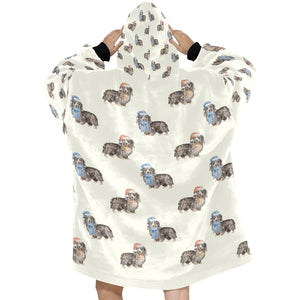 Watercolor Long Haired Black Cream Dachshunds Christmas Blanket Hoodie-Blanket-Apparel, Blanket Hoodie, Blankets, Christmas, Dachshund, Dog Mom Gifts-4