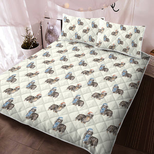 Watercolor Long Haired Black Cream Dachshunds Christmas Quilted Bedding Set-Bedding-Bedding, Blankets, Christmas, Dachshund, Home Decor-2