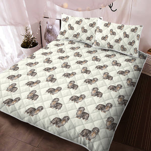 Watercolor Long Haired Black Cream Dachshunds Quilted Bedding Set-Bedding-Bedding, Blankets, Dachshund, Home Decor-Ivory White-With Matching Pillowcases-Twin-10