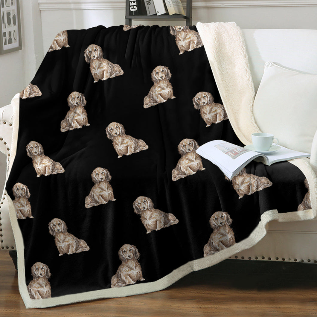 Watercolor Long Haired Chocolate Cream Dachshund Blanket - 8 Colors-Blanket-Bedding, Blankets, Dachshund, Home Decor-Midnight Black-Single-15