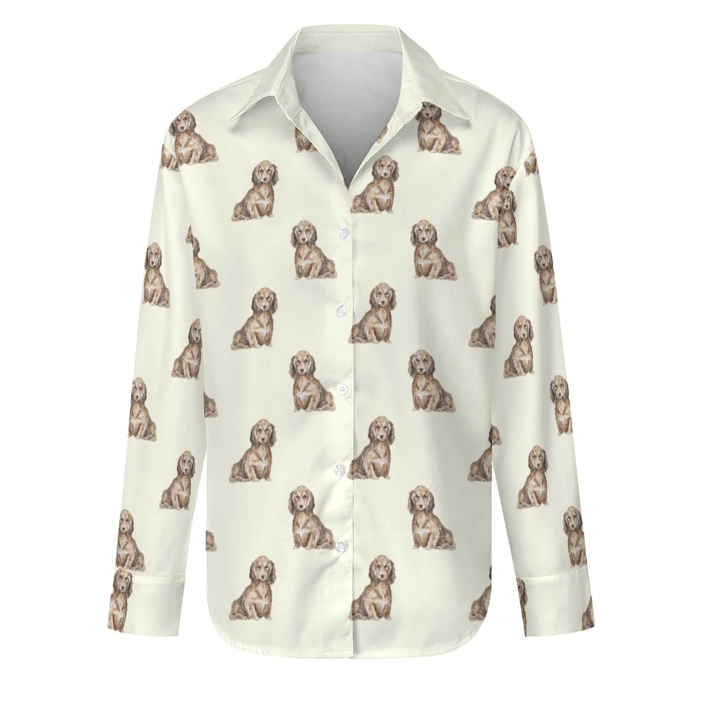 Watercolor Long Haired Chocolate Cream Dachshund Women's Shirt-Apparel-Apparel, Dachshund, Dog Mom Gifts, Shirt-Ivory White-S-16