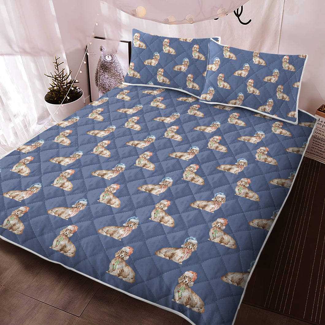 Watercolor Long Haired Cream Dachshunds Christmas Quilted Bedding Set-Bedding-Bedding, Blankets, Christmas, Dachshund, Home Decor-Cornflower Blue-With Matching Pillowcases-Twin-10