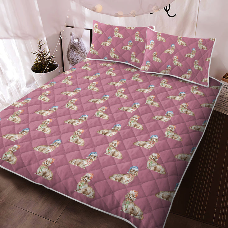 Watercolor Long Haired Cream Dachshunds Christmas Quilted Bedding Set-Bedding-Bedding, Blankets, Christmas, Dachshund, Home Decor-Dusty Pink-With Matching Pillowcases-Twin-12