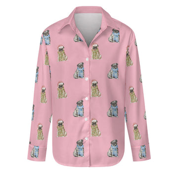 Watercolor Merriment Pugs Christmas Women's Shirt-Apparel-Apparel, Dog Mom Gifts, Pug, Shirt-S-Pink-4