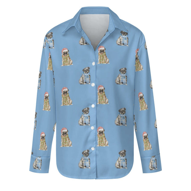 Watercolor Merriment Pugs Christmas Women's Shirt-Apparel-Apparel, Dog Mom Gifts, Pug, Shirt-S-LightSkyBlue-21