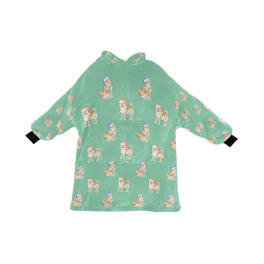 Watercolor Merriment Shiba Inus Christmas Blanket Hoodie-Blanket-Apparel, Blanket Hoodie, Blankets, Dog Mom Gifts, Shiba Inu-Mint Green-ONE SIZE-28