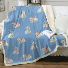 Load image into Gallery viewer, Watercolor Merriment Westies Christmas Sherpa Fleece Blanket - 8 Colors-Blanket-Bedding, Blankets, Christmas, Home Decor, West Highland Terrier-Sky Blue-Single-17