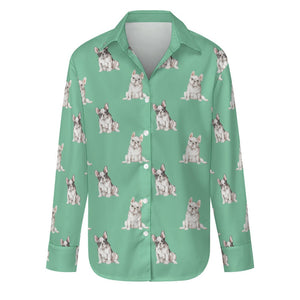 Watercolor Pied and White French Bulldogs Women's Shirt-Apparel-Apparel, Dog Mom Gifts, French Bulldog, Shirt-Mint Green-S-29