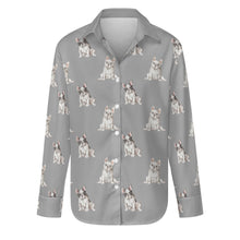 Load image into Gallery viewer, Watercolor Pied and White French Bulldogs Women&#39;s Shirt-Apparel-Apparel, Dog Mom Gifts, French Bulldog, Shirt-Parisian Gray-S-35