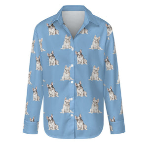 Watercolor Pied and White French Bulldogs Women's Shirt-Apparel-Apparel, Dog Mom Gifts, French Bulldog, Shirt-Sky Blue-S-23