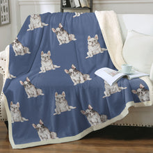 Load image into Gallery viewer, Watercolor Pied and White Frenchies Fleece Blanket - 8 Colors-Blanket-Bedding, Blankets, French Bulldog, Home Decor-Cornflower Blue-Single-15