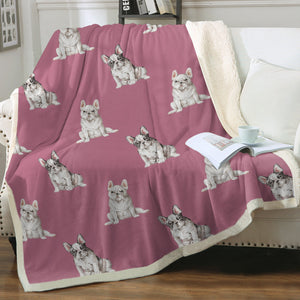 Watercolor Pied and White Frenchies Fleece Blanket - 8 Colors-Blanket-Bedding, Blankets, French Bulldog, Home Decor-Dusty Pink-Single-20