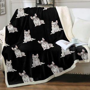 Watercolor Pied and White Frenchies Fleece Blanket - 8 Colors-Blanket-Bedding, Blankets, French Bulldog, Home Decor-Midnight Black-Single-22