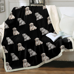 Watercolor Precious Pug Puppies Sherpa Fleece Blanket - 8 Colors-Blanket-Bedding, Blankets, Home Decor, Pug, Pug - Black-7