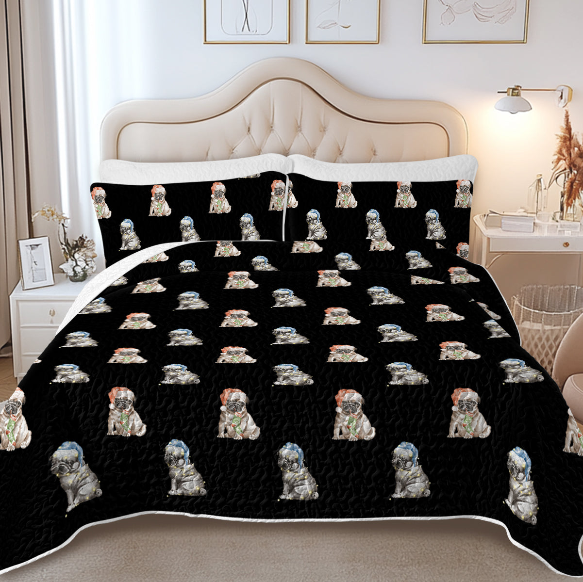 Watercolor Pug Puppies Christmas Quilted Bedding Set 5