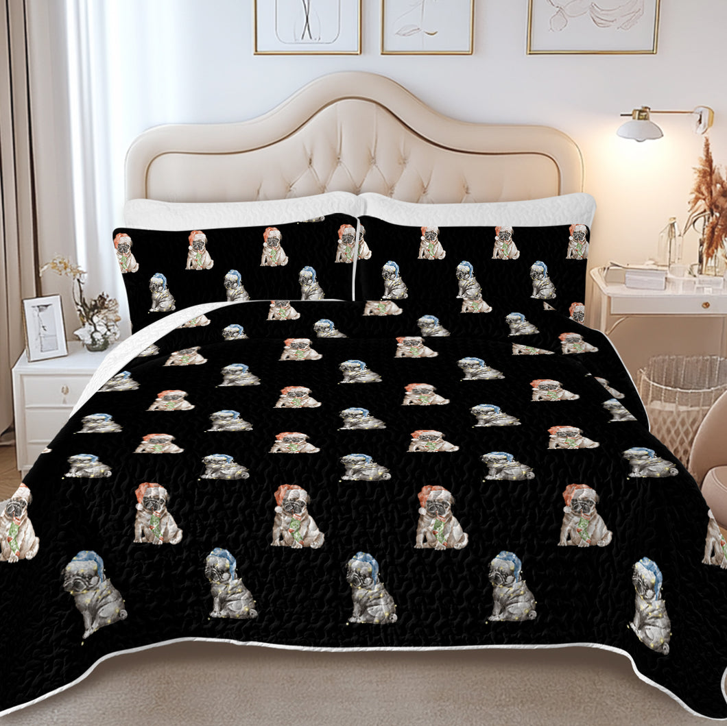 Watercolor Pug Puppies Christmas Quilted Bedding Set-Bedding-Bedding,Blankets,Christmas,Home Decor-6