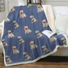 Load image into Gallery viewer, Watercolor Pug Puppies Christmas Sherpa Fleece Blanket - 8 Colors-Blanket-Bedding, Blankets, Christmas, Home Decor, Pug, Pug - Black-Cornflower Blue-Single-20