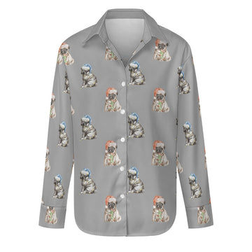 Watercolor Pug Puppies Christmas Women's Shirt-Apparel-Apparel, Dog Mom Gifts, Pug, Shirt-Parisian Gray-S-36