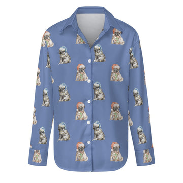 Watercolor Pug Puppies Christmas Women's Shirt-Apparel-Apparel, Dog Mom Gifts, Pug, Shirt-Slate Blue-S-20
