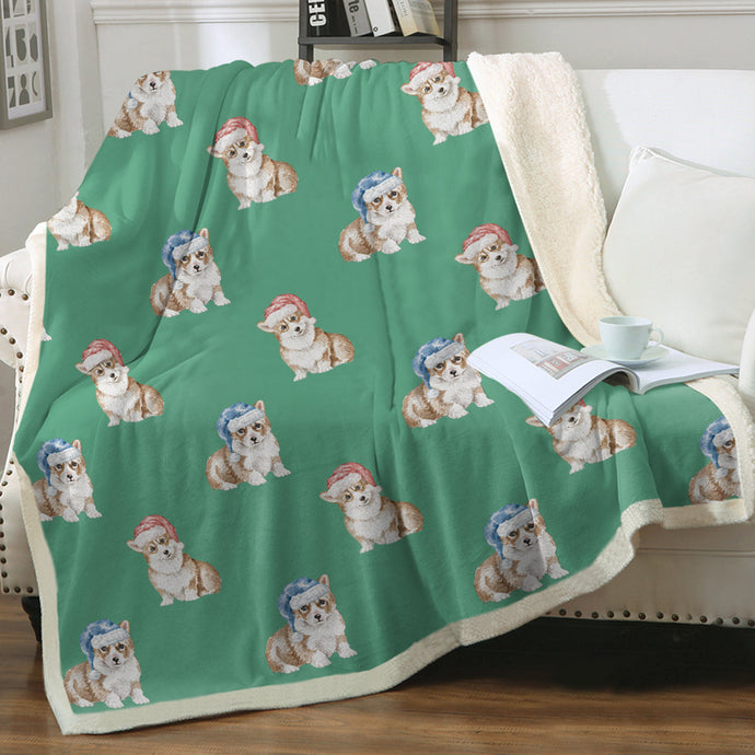 Watercolor Red Corgis Christmas Sherpa Fleece Blanket - 8 Colors-Blanket-Bedding, Blankets, Christmas, Corgi, Home Decor-Mint Green-Single-1