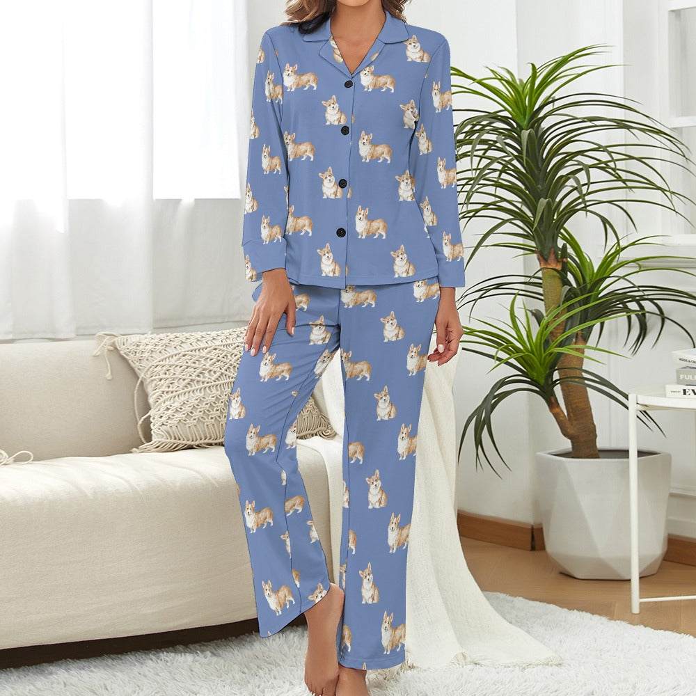 Watercolor Red Corgis Pajamas Set for Women-Pajamas-Apparel, Corgi, Dog Mom Gifts, Pajamas-S-Slate Blue-1