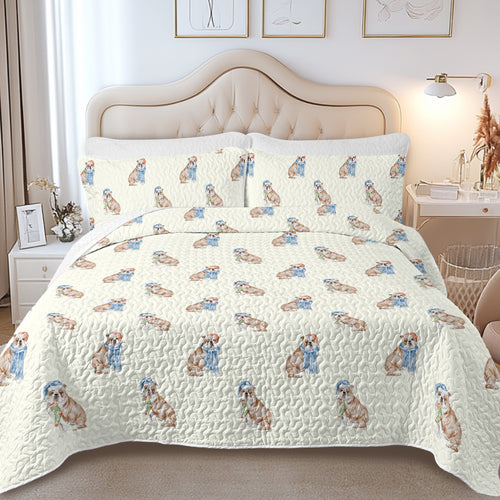 Watercolor Red White English Bulldogs Christmas Quilted Bedding Set-Bedding-Bedding,Blankets,Christmas,Home Decor-7