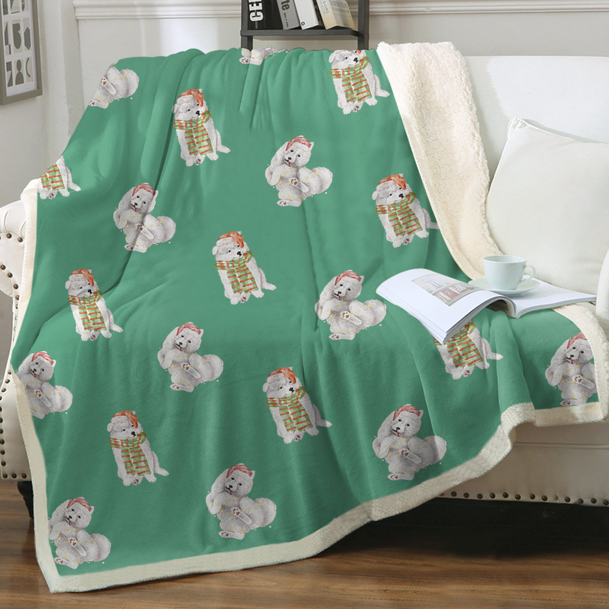 Watercolor Samoyed Puppies Christmas Sherpa Fleece Blanket 8 Colors 6