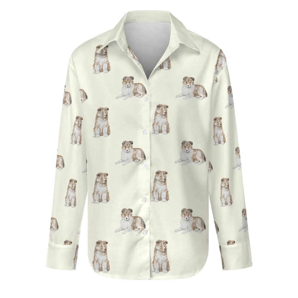 Watercolor Sheltie Collie Puppies Women's Shirt-Apparel-Apparel, Dog Mom Gifts, Shirt-S-Ivory White-14