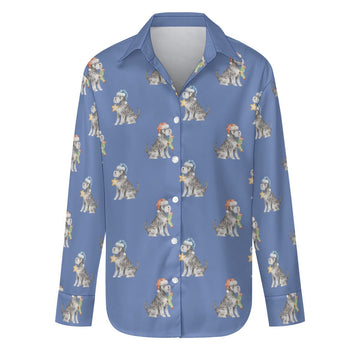 Watercolor Silver Schnauzer Christmas Women's Shirt-Apparel-Apparel, Dog Mom Gifts, Schnauzer, Shirt-Slate Blue-S-24