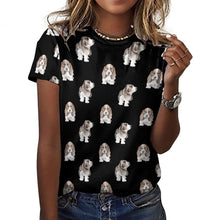 Load image into Gallery viewer, Watercolor Symphony Basset Hounds Women&#39;s Cotton T-Shirt-Apparel-Apparel, Basset Hound, Dog Mom Gifts, T Shirt-2XS-Black-37