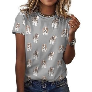 Watercolor Symphony Basset Hounds Women's Cotton T-Shirt-Apparel-Apparel, Basset Hound, Dog Mom Gifts, T Shirt-2XS-DarkGray-34