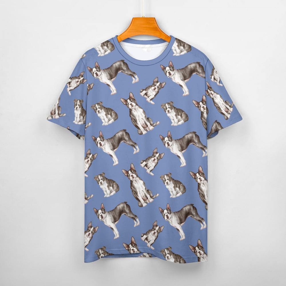 Watercolor Symphony Boston Terriers Men's Cotton T-Shirt-Apparel-Apparel, Boston Terrier, Dog Dad Gifts, Shirt, T Shirt-S-CornflowerBlue-1