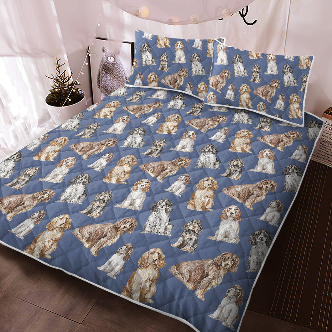 Watercolor Symphony Cocker Spaniels Quilted Bedding Set - 5 Colors-Bedding-Bedding, Blankets, Cocker Spaniel, Home Decor-Cornflower Blue-With Matching Pillowcases-Twin-10