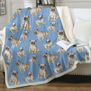 Watercolor Symphony Fawn Pugs Sherpa Fleece Blanket - 8 Colors-Blanket-Bedding, Blankets, Home Decor, Pug-Sky Blue-Single-15