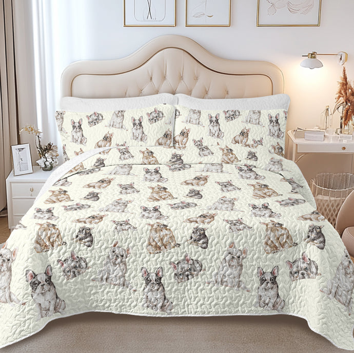 Watercolor Symphony French Bulldogs Quilted Bedding Set-Bedding-Bedding,Blankets,Christmas,Home Decor-6
