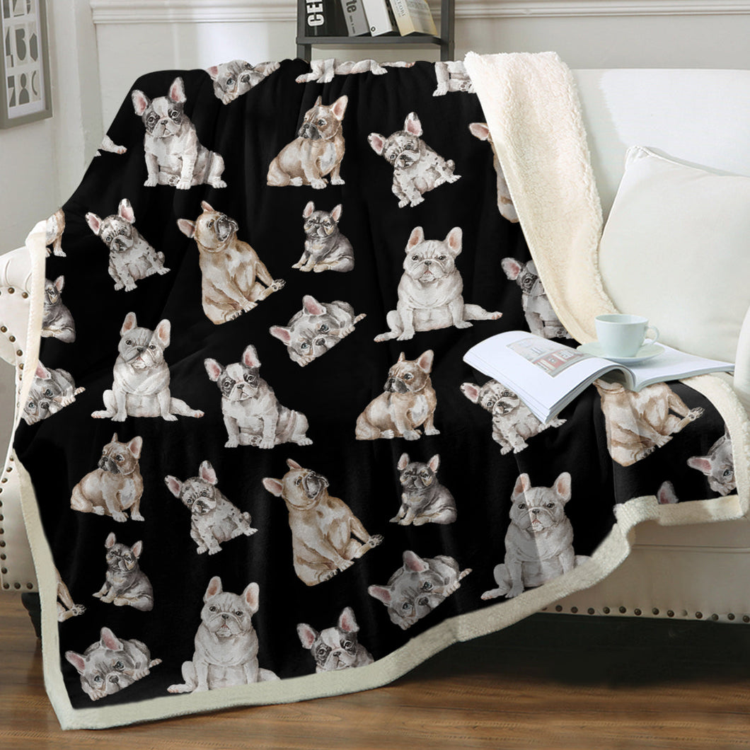 Watercolor Symphony French Bulldogs Sherpa Fleece Blanket - 8 Colors-Blanket-Bedding, Blankets, French Bulldog, Home Decor-Midnight Black-Single-15