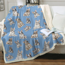 Load image into Gallery viewer, Watercolor Symphony French Bulldogs Sherpa Fleece Blanket - 8 Colors-Blanket-Bedding, Blankets, French Bulldog, Home Decor-Sky Blue-Single-21