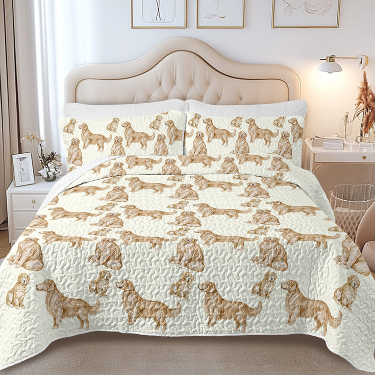 Watercolor Symphony Golden Retrievers Quilted Bedding Set-Bedding-Bedding,Blankets,Christmas,Home Decor-7