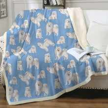 Load image into Gallery viewer, Watercolor Symphony Samoyeds Soft Sherpa Fleece Blanket - 8 Colors-Blanket-Bedding, Blankets, Home Decor, Samoyed-Sky Blue-Single-19