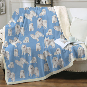 Watercolor Symphony Samoyeds Soft Sherpa Fleece Blanket - 8 Colors-Blanket-Bedding, Blankets, Home Decor, Samoyed-Sky Blue-Single-19