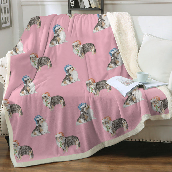 Watercolor Tri Color Shelties Collies Christmas Blanket - 8 Colors-Blanket-Bedding, Blankets, Christmas, Home Decor, Rough Collie, Shetland Sheepdog-Soft Pink-Single-1