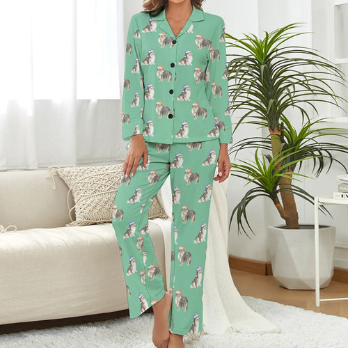 Watercolor Tri Color Shelties Collies Christmas Pajamas Set for Women-Pajamas-Apparel, Christmas, Dog Mom Gifts, Pajamas, Rough Collie, Shetland Sheepdog-Mint Green-S-1